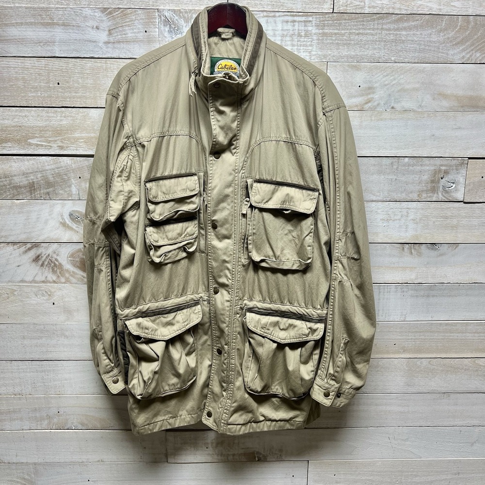 Cabelas Jacket Mens XLT Tall Beige Safari Hooded Chore‎ Barn Coat Multi Pockets